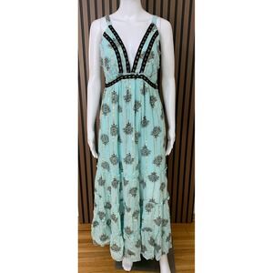 Anthroplogie Me 2 Magic Blue Gold Metallic Striped Boho S Lace Trim Maxi Dress